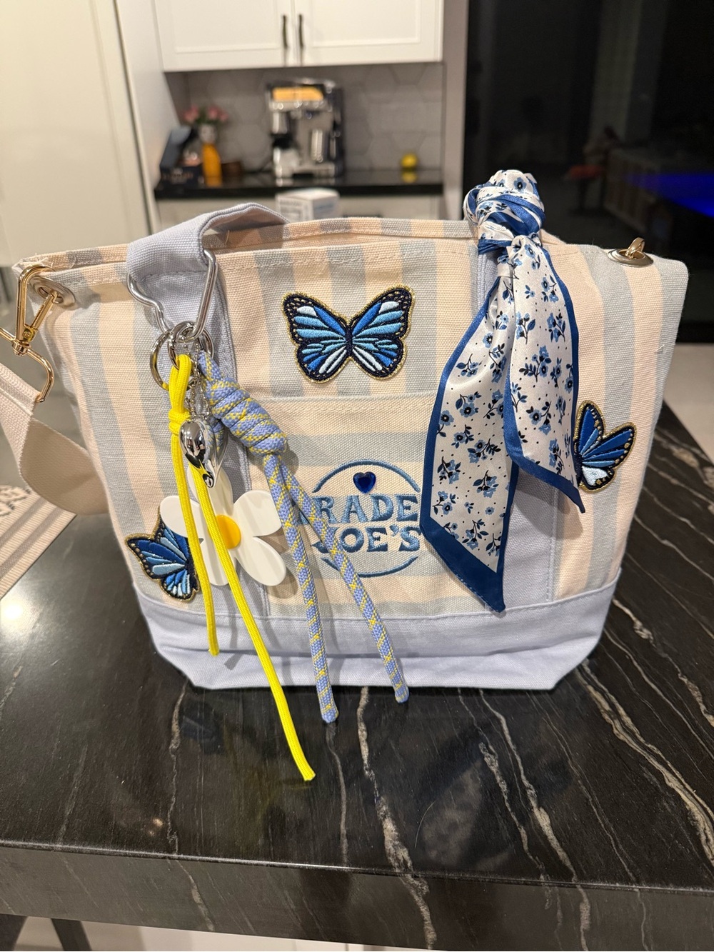 Trader Joe's Blue & Cream Striped Butterfly Tote with Scarf Accent and Strap